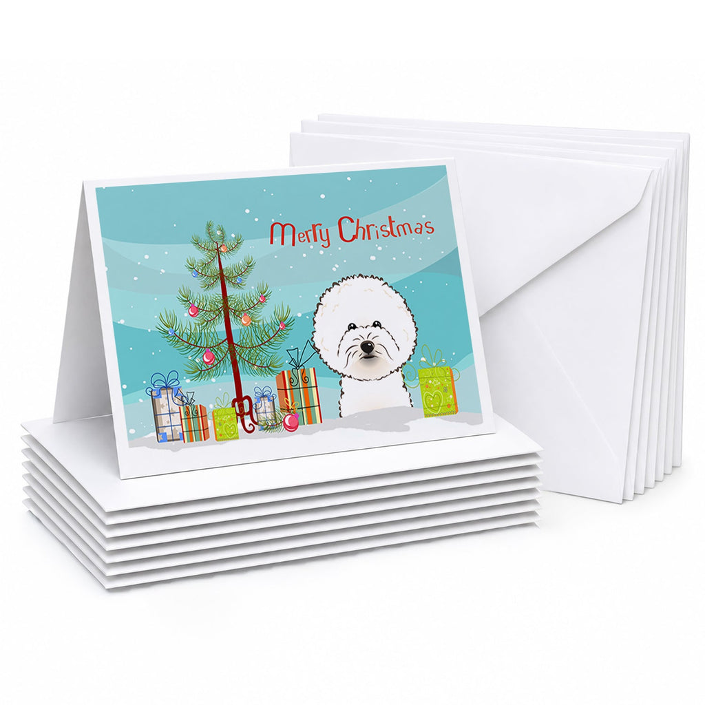 Christmas Tree and Bichon Frise Greeting Cards Pack of 8 Blank Cards with Envelopes Whimsical A7 Size 5x7