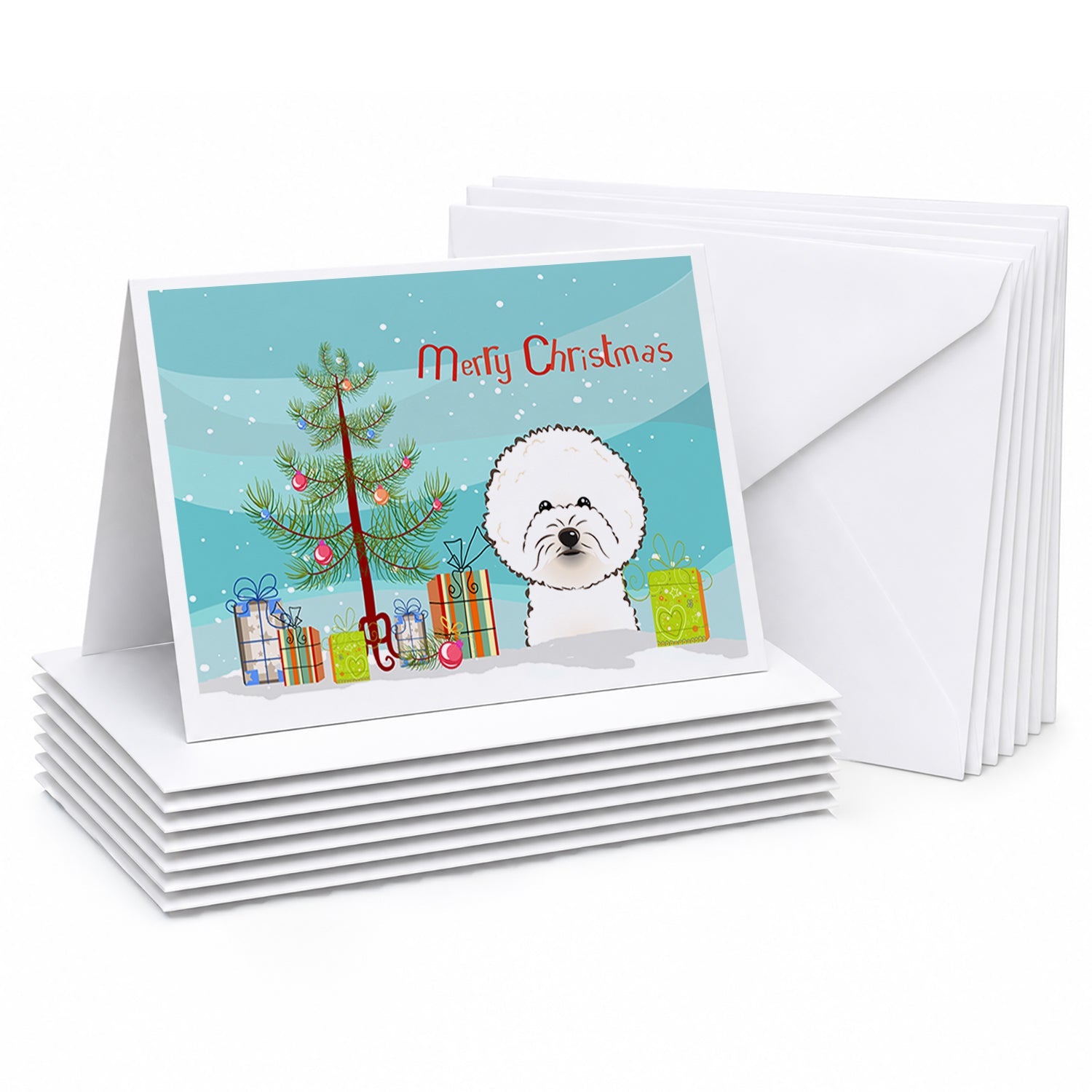 Christmas Tree and Bichon Frise Greeting Cards Pack of 8 Blank Cards with Envelopes Whimsical A7 Size 5x7