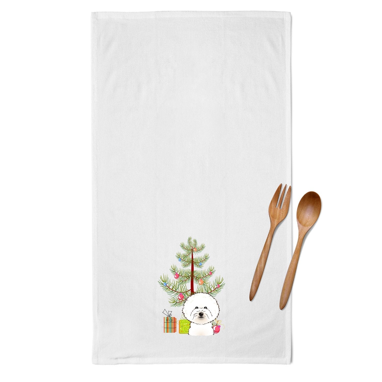 Christmas Tree and Bichon Frise Kitchen Towel Set of 2 White Dish Towels Decorative Bathroom Hand towel for Hand, Face, Hair, Yoga, Tea, Dishcloth, 19 X 28", White