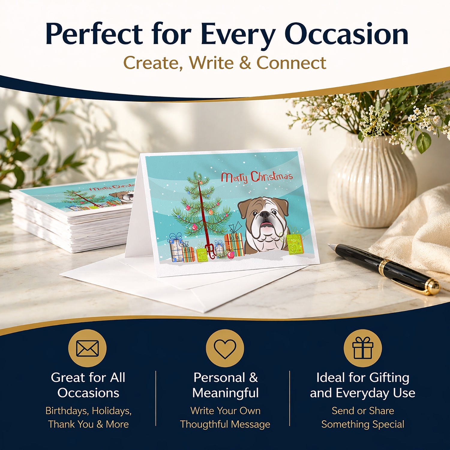 Christmas Tree and English Bulldog  Greeting Cards Pack of 8 Blank Cards with Envelopes Whimsical A7 Size 5x7