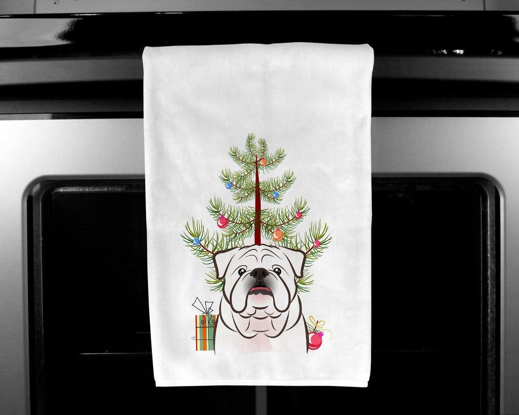 Christmas Tree and White English Bulldog  Kitchen Towel Set of 2 White Dish Towels Decorative Bathroom Hand towel for Hand, Face, Hair, Yoga, Tea, Dishcloth, 19 X 28", White
