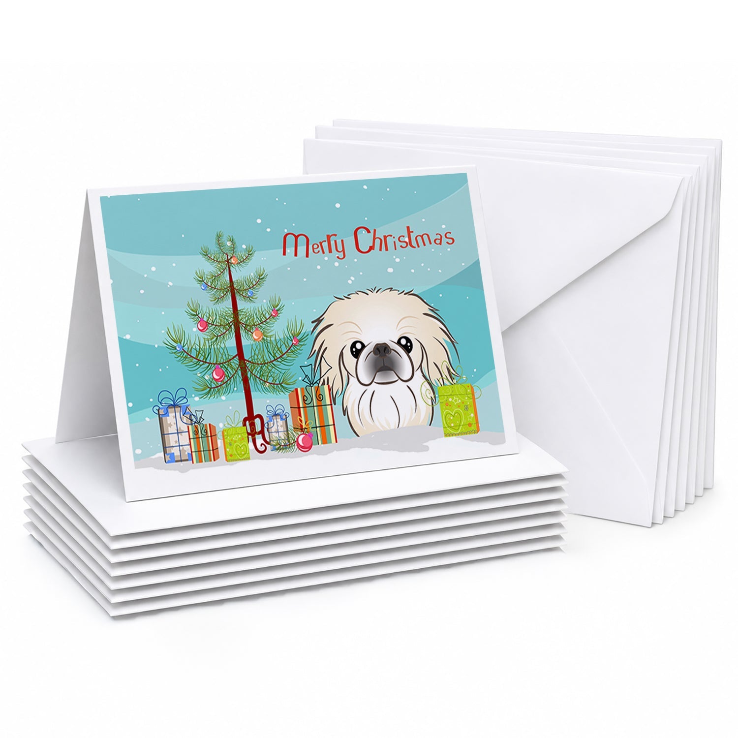 Christmas Tree and Pekingese Greeting Cards Pack of 8 Blank Cards with Envelopes Whimsical A7 Size 5x7