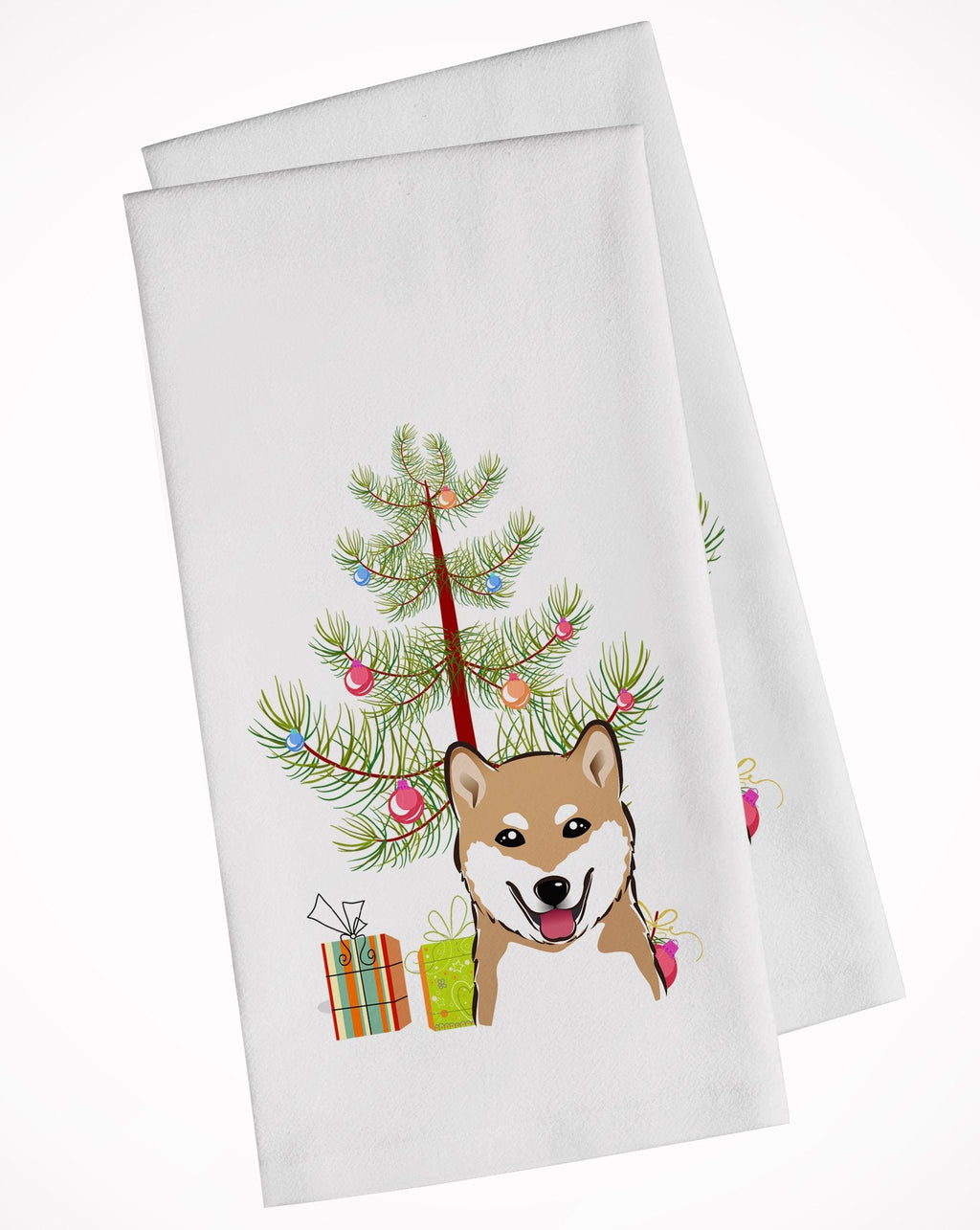 Christmas Tree and Shiba Inu Kitchen Towel Set of 2 White Dish Towels Decorative Bathroom Hand towel for Hand, Face, Hair, Yoga, Tea, Dishcloth, 19 X 28", White