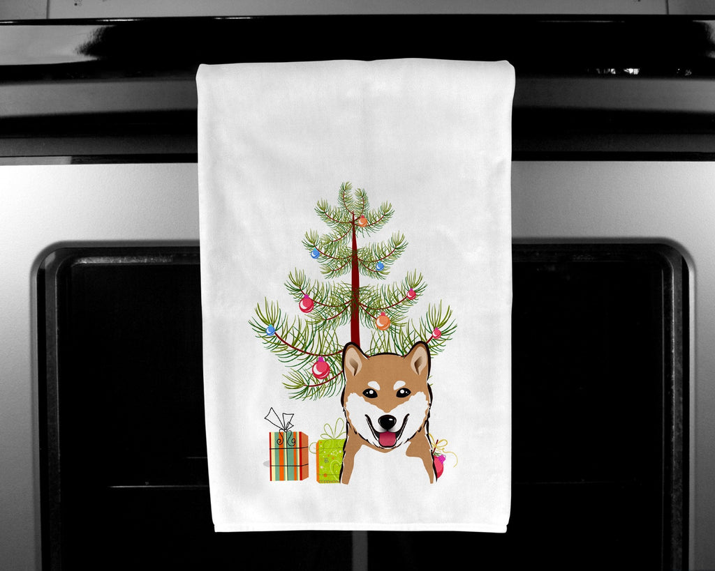 Christmas Tree and Shiba Inu Kitchen Towel Set of 2 White Dish Towels Decorative Bathroom Hand towel for Hand, Face, Hair, Yoga, Tea, Dishcloth, 19 X 28", White