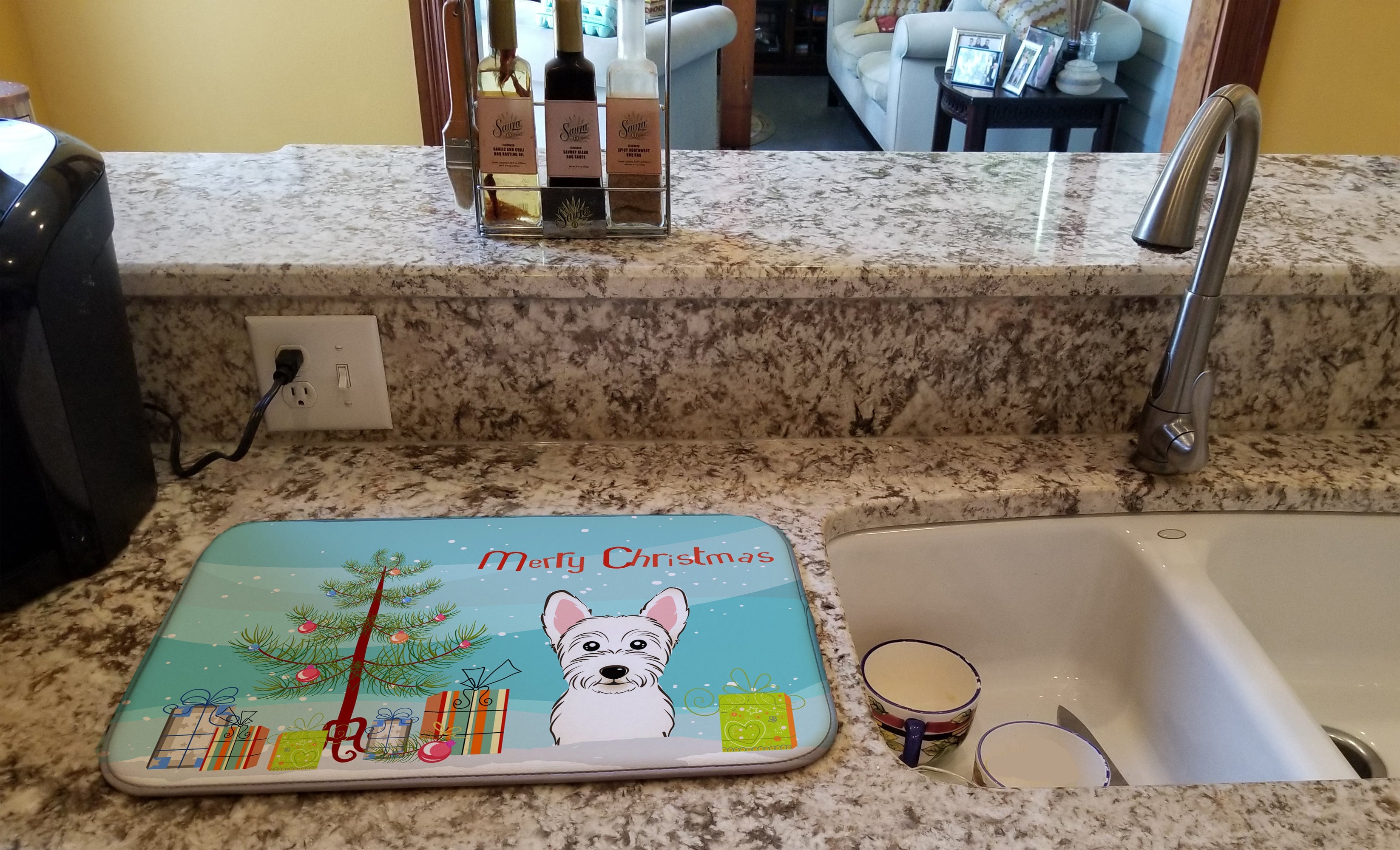 Christmas Tree and Westie Dish Drying Mat Absorbent Dish Drying Mat Pad for Kitchen Counter Dish Drainer Mat for Countertop, 14 x 21", Multicolor