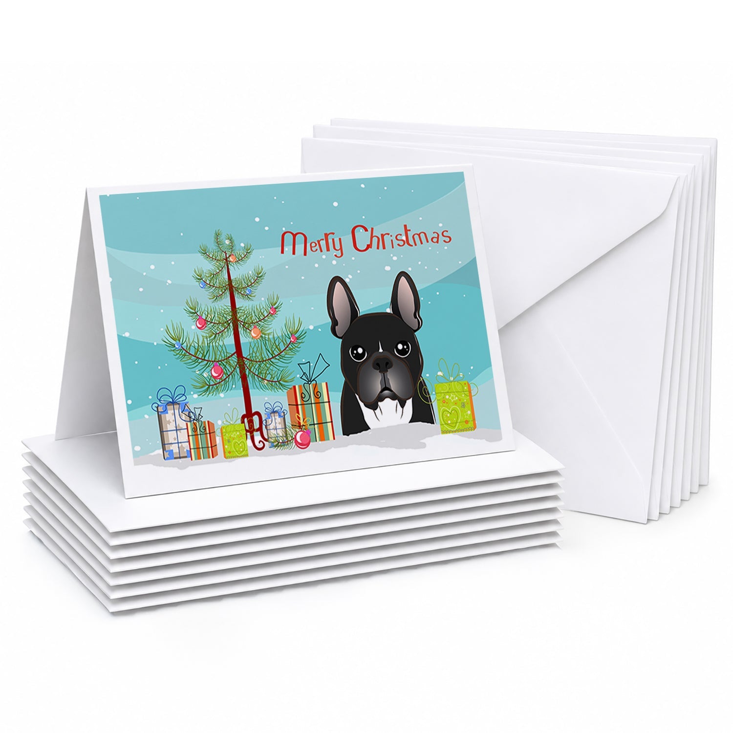 Christmas Tree and French Bulldog Greeting Cards Pack of 8 Blank Cards with Envelopes Whimsical A7 Size 5x7