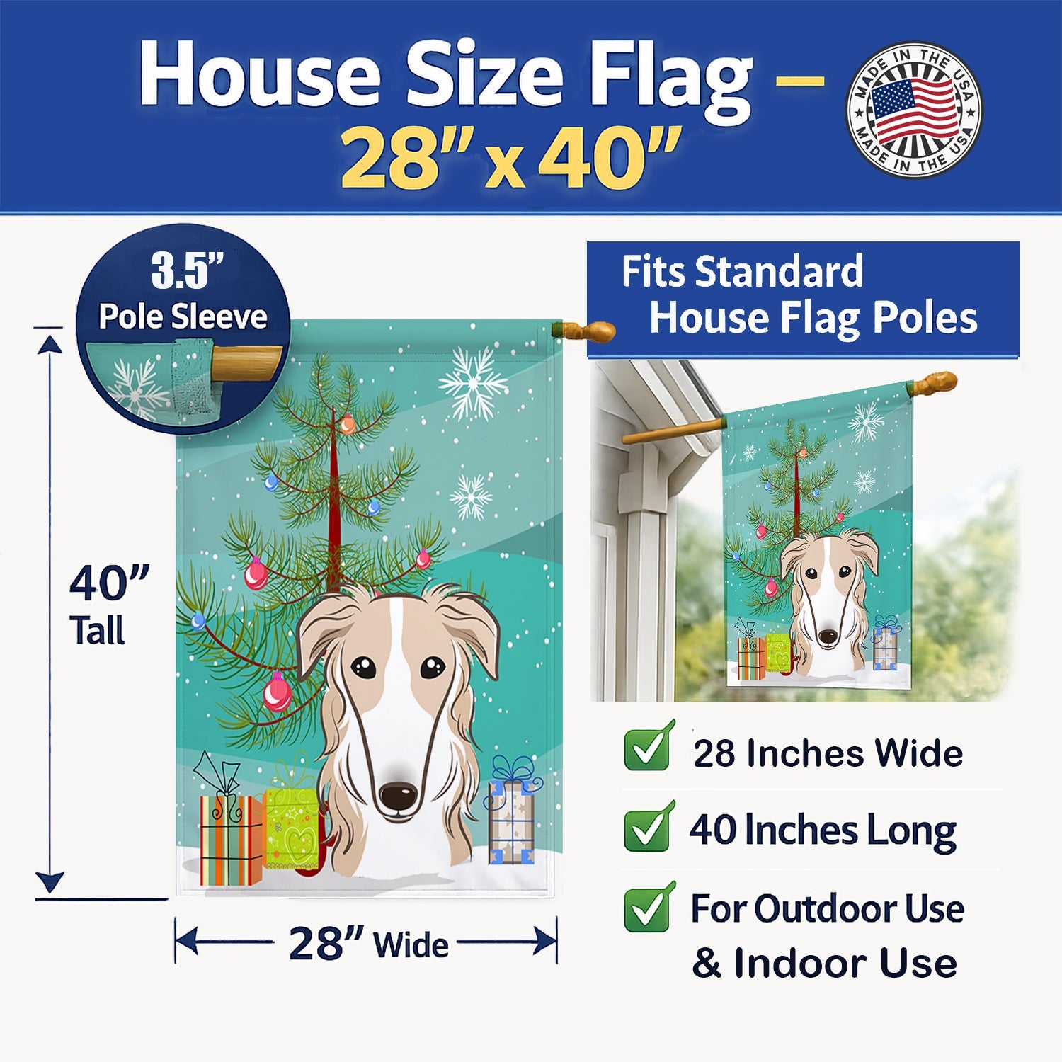 Christmas Tree and Borzoi House Flag 28x40 Porch Sleeve Pole Decorative Outside Yard Banner Artwork Wall Hanging, Polyester