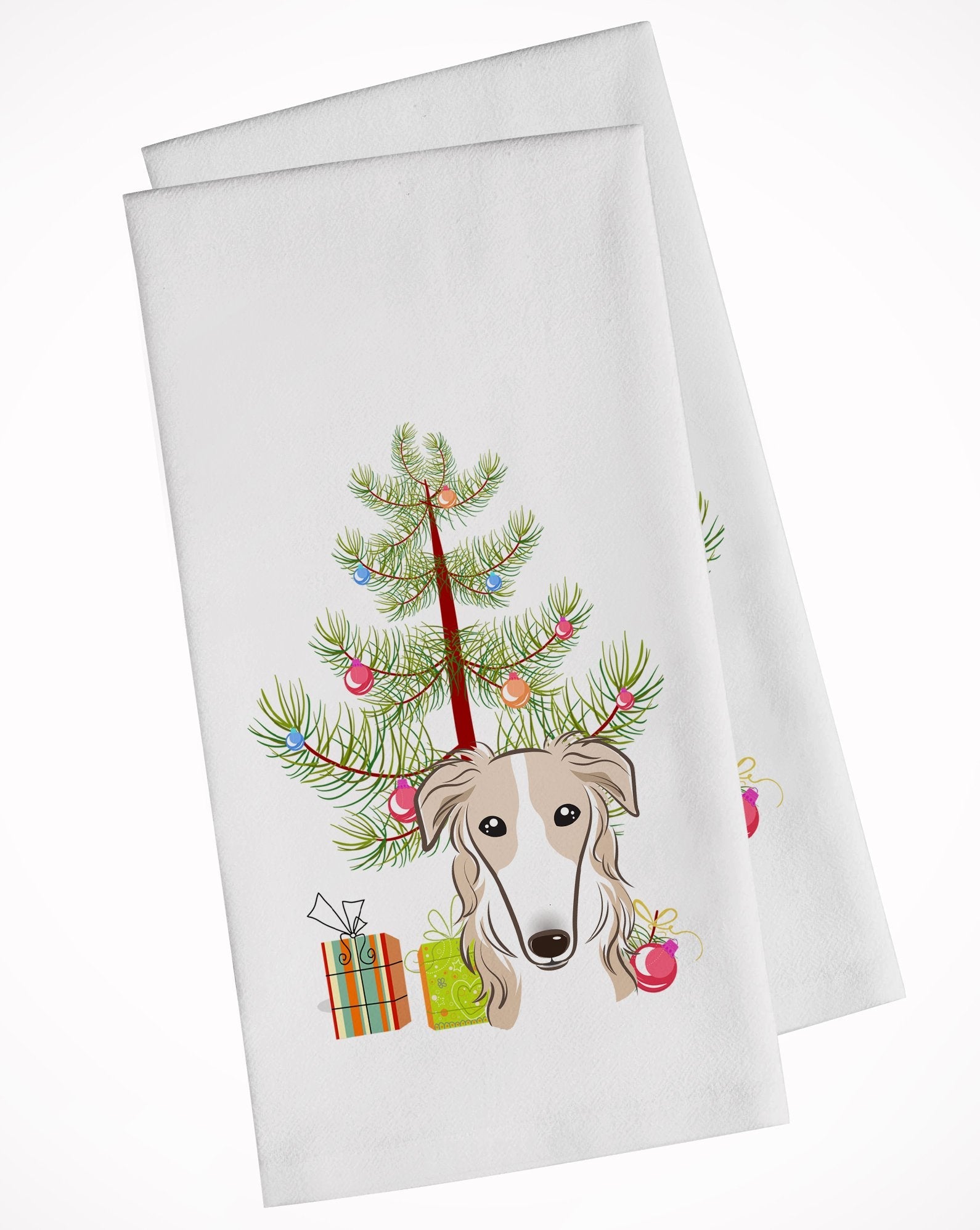 Christmas Tree and Borzoi Kitchen Towel Set of 2 White Dish Towels Decorative Bathroom Hand towel for Hand, Face, Hair, Yoga, Tea, Dishcloth, 19 X 28", White