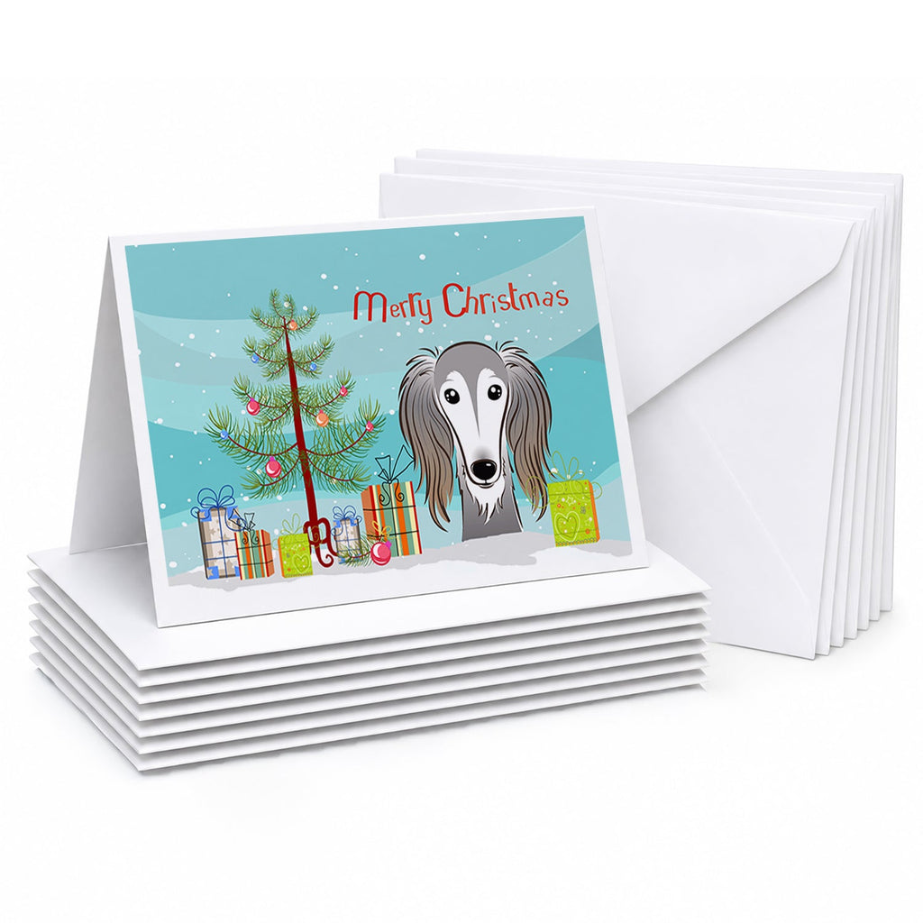 Christmas Tree and Saluki Greeting Cards Pack of 8 Blank Cards with Envelopes Whimsical A7 Size 5x7