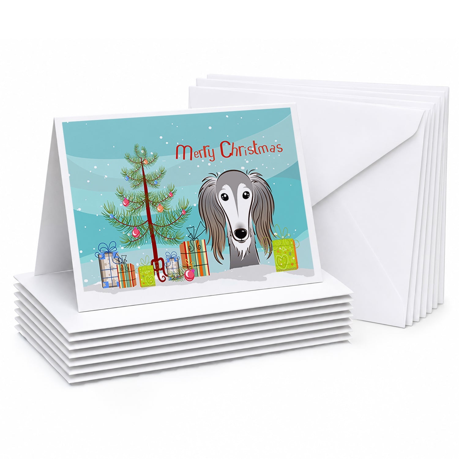 Christmas Tree and Saluki Greeting Cards Pack of 8 Blank Cards with Envelopes Whimsical A7 Size 5x7