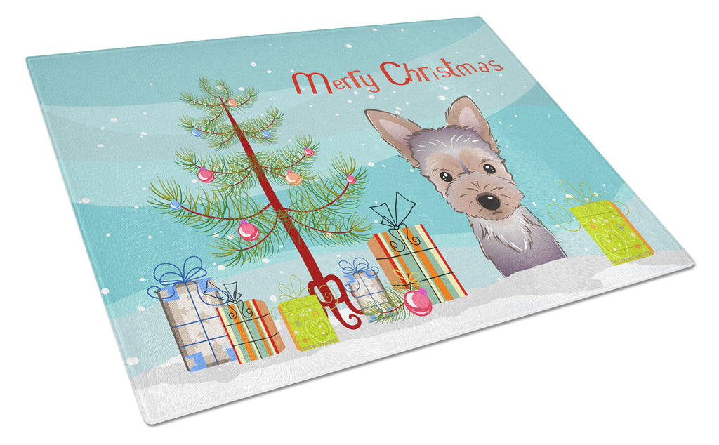 Christmas Tree and Yorkie Puppy Cutting Board Tempered Glass Kitchen Cutting Surface, Heat Resistant Chopping, Non-Slip Feet, Food Prep & Serving
