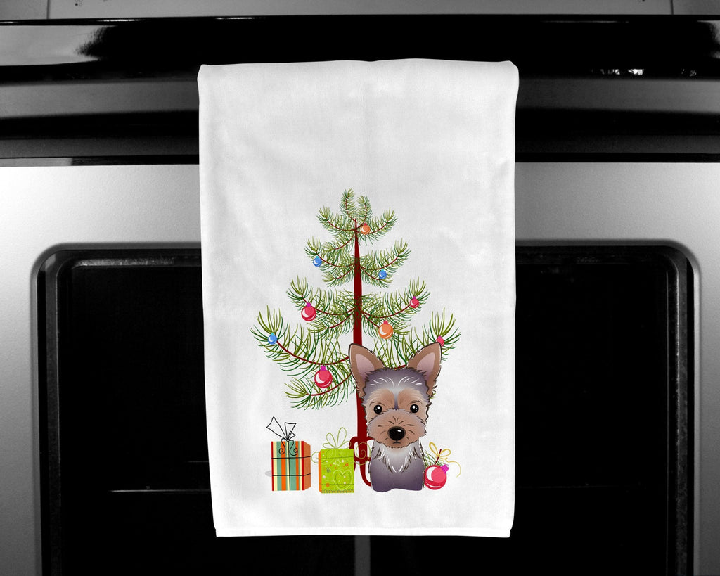 Christmas Tree and Yorkie Puppy Kitchen Towel Set of 2 White Dish Towels Decorative Bathroom Hand towel for Hand, Face, Hair, Yoga, Tea, Dishcloth, 19 X 28", White