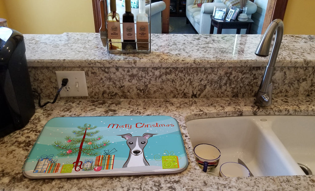 Christmas Tree and Italian Greyhound Dish Drying Mat Absorbent Dish Drying Mat Pad for Kitchen Counter Dish Drainer Mat for Countertop, 14 x 21", Multicolor