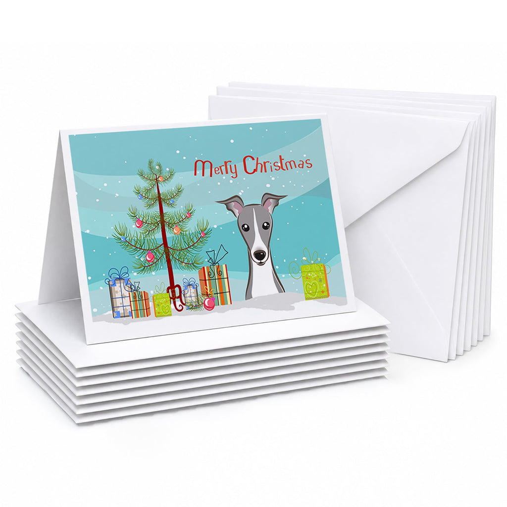 Christmas Tree and Italian Greyhound Greeting Cards Pack of 8 Blank Cards with Envelopes Whimsical A7 Size 5x7
