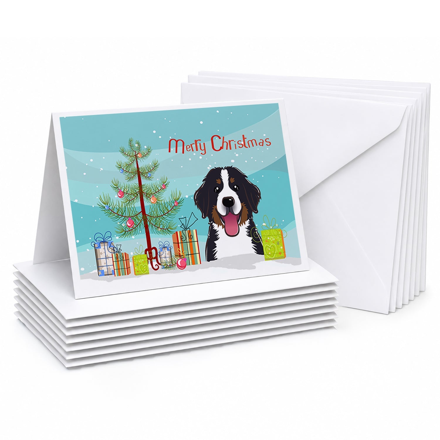 Christmas Tree and Bernese Mountain Dog Greeting Cards Pack of 8 Blank Cards with Envelopes Whimsical A7 Size 5x7