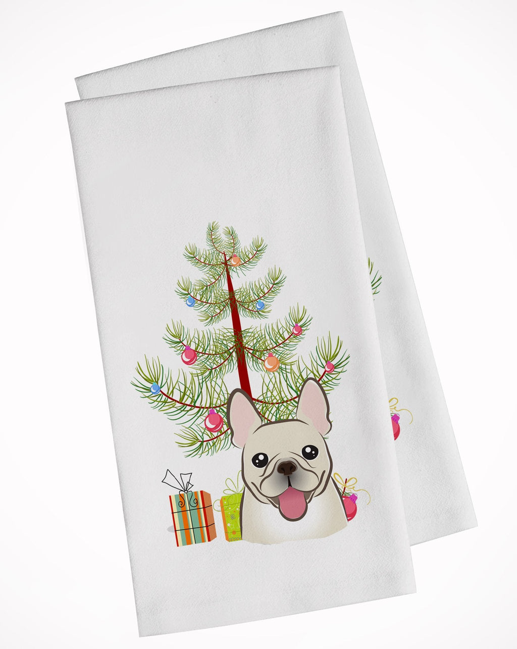 Christmas Tree and French Bulldog Kitchen Towel Set of 2 White Dish Towels Decorative Bathroom Hand towel for Hand, Face, Hair, Yoga, Tea, Dishcloth, 19 X 28", White