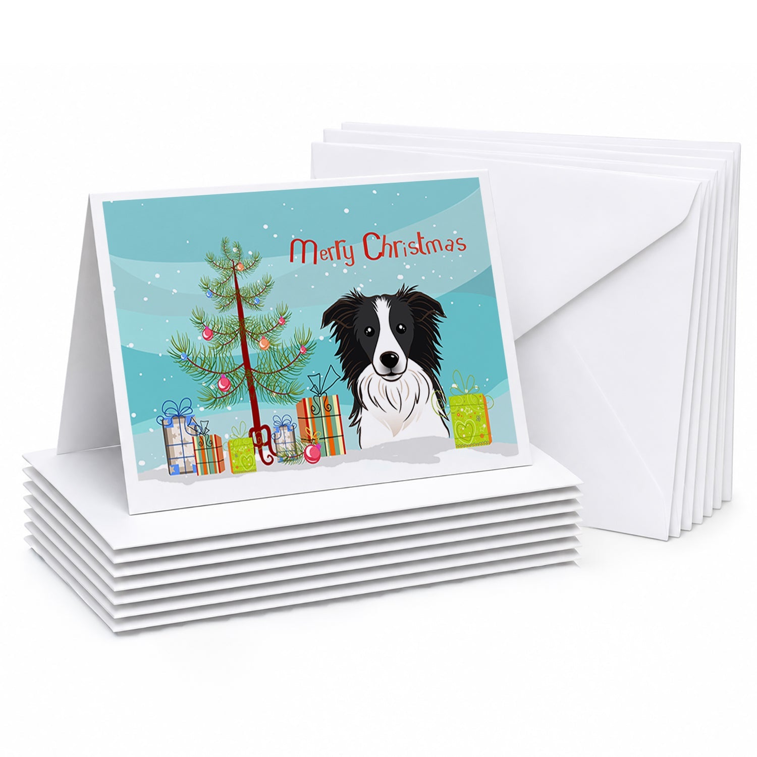 Christmas Tree and Border Collie Greeting Cards Pack of 8 Blank Cards with Envelopes Whimsical A7 Size 5x7