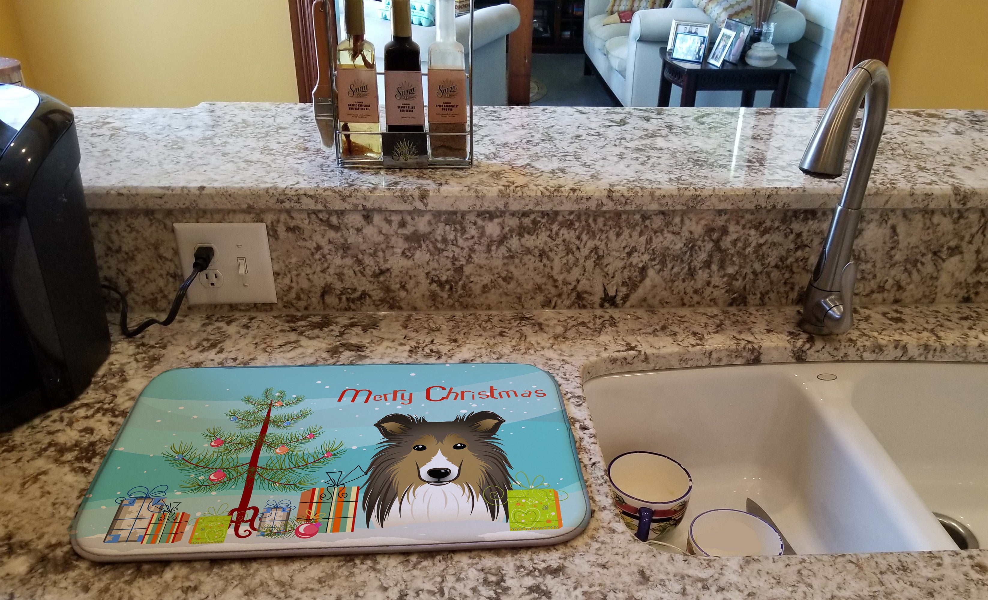 Christmas Tree and Sheltie Dish Drying Mat Absorbent Dish Drying Mat Pad for Kitchen Counter Dish Drainer Mat for Countertop, 14 x 21", Multicolor