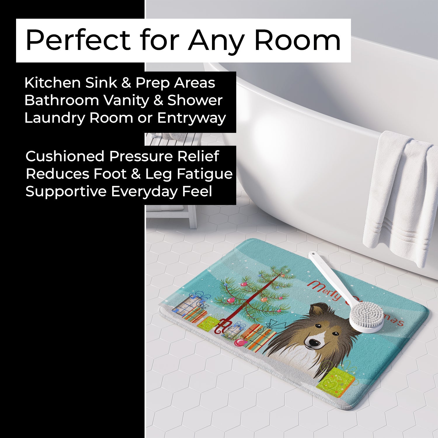 Christmas Tree and Sheltie Memory Foam Kitchen Mat Machine Washable Anti-Fatigue Cushion Comfort Bath or Kitchen Rug