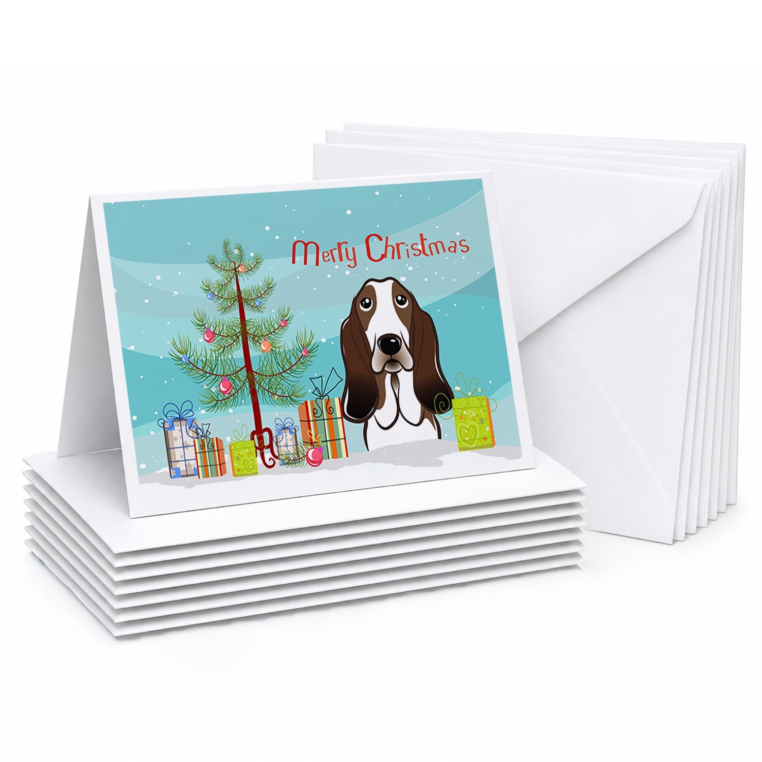 Christmas Tree and Basset Hound Greeting Cards Pack of 8 Blank Cards with Envelopes Whimsical A7 Size 5x7
