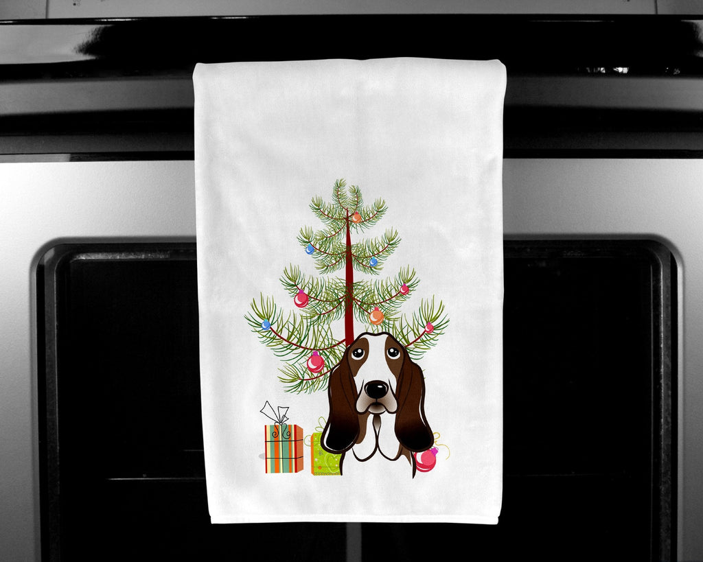 Christmas Tree and Basset Hound Kitchen Towel Set of 2 White Dish Towels Decorative Bathroom Hand towel for Hand, Face, Hair, Yoga, Tea, Dishcloth, 19 X 28", White