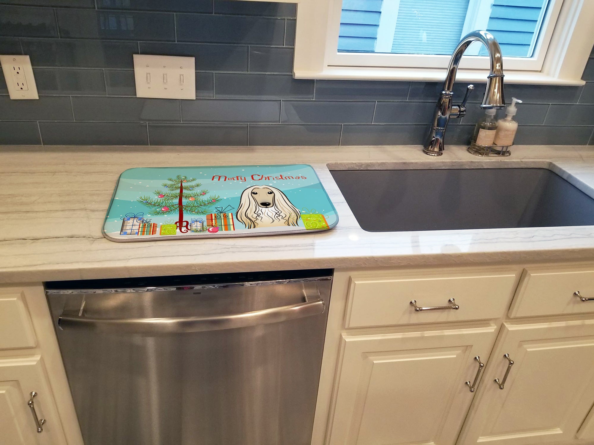 Christmas Tree and Afghan Hound Dish Drying Mat Absorbent Dish Drying Mat Pad for Kitchen Counter Dish Drainer Mat for Countertop, 14 x 21", Multicolor