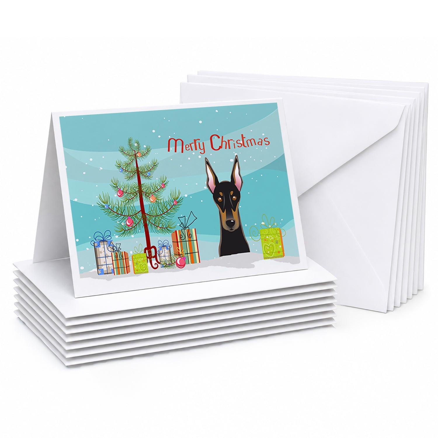 Christmas Tree and Doberman Greeting Cards Pack of 8 Blank Cards with Envelopes Whimsical A7 Size 5x7
