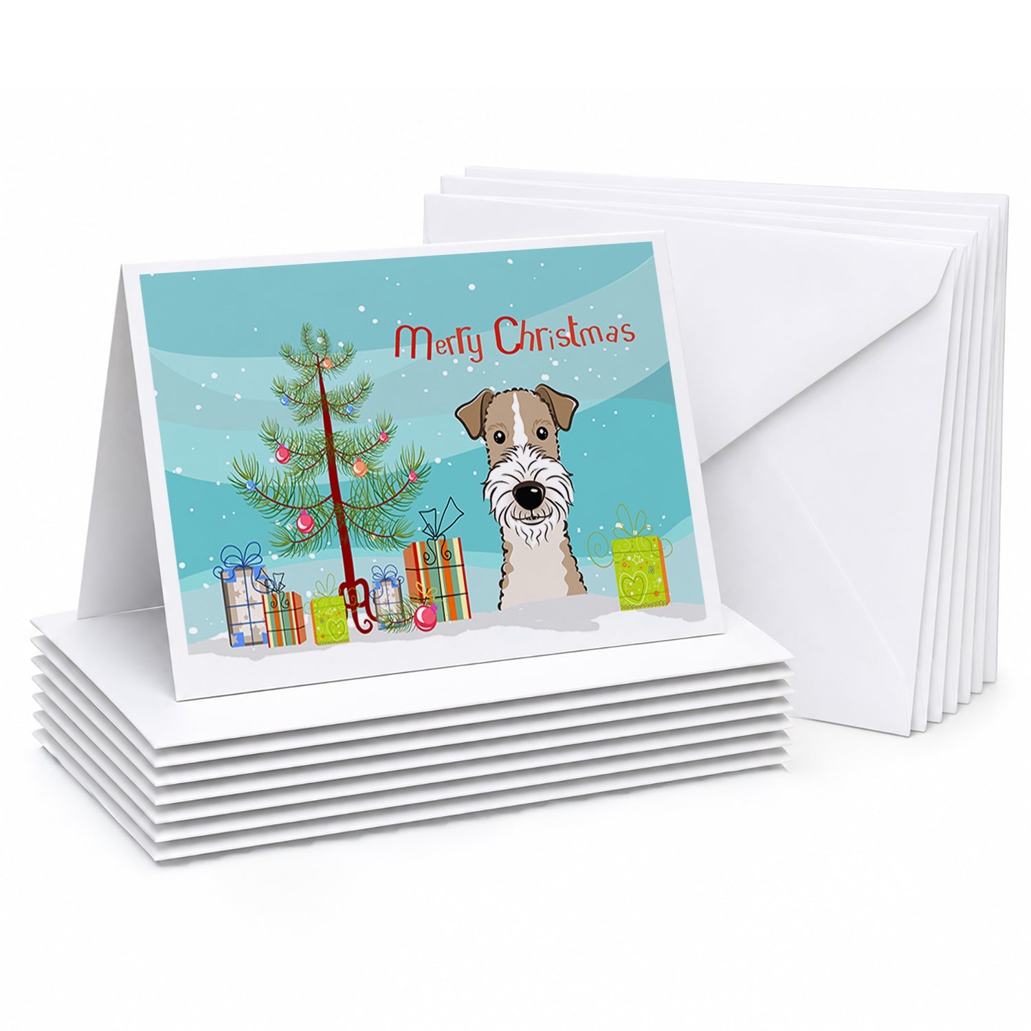 Christmas Tree and Wire Haired Fox Terrier Greeting Cards Pack of 8 Blank Cards with Envelopes Whimsical A7 Size 5x7