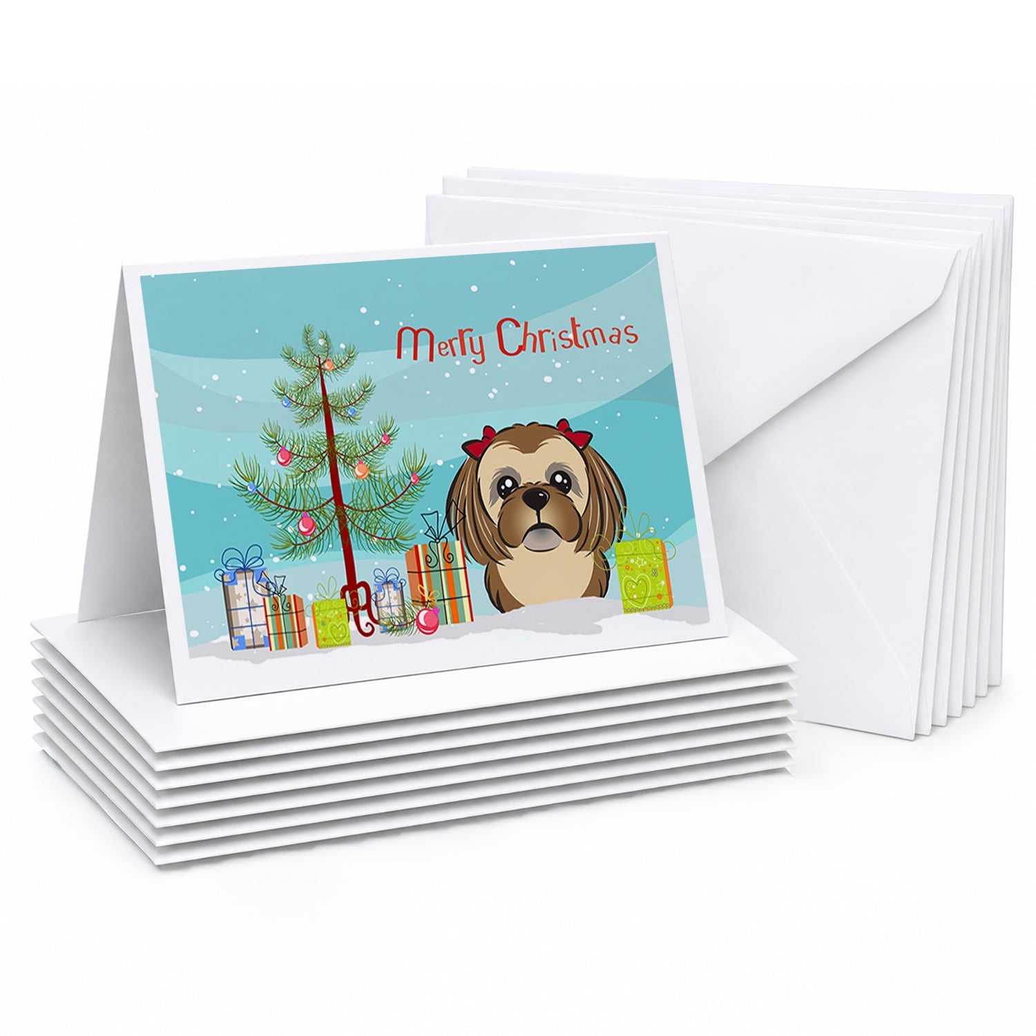 Christmas Tree and Chocolate Brown Shih Tzu Greeting Cards Pack of 8 Blank Cards with Envelopes Whimsical A7 Size 5x7