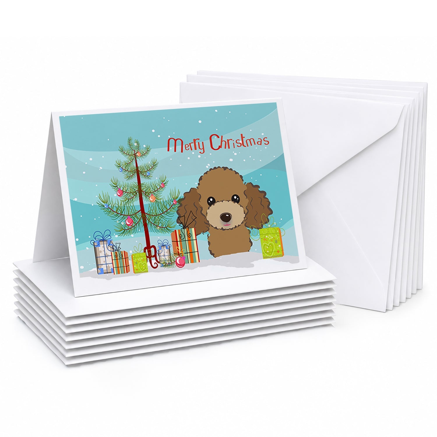 Christmas Tree and Chocolate Brown Poodle Greeting Cards Pack of 8 Blank Cards with Envelopes Whimsical A7 Size 5x7