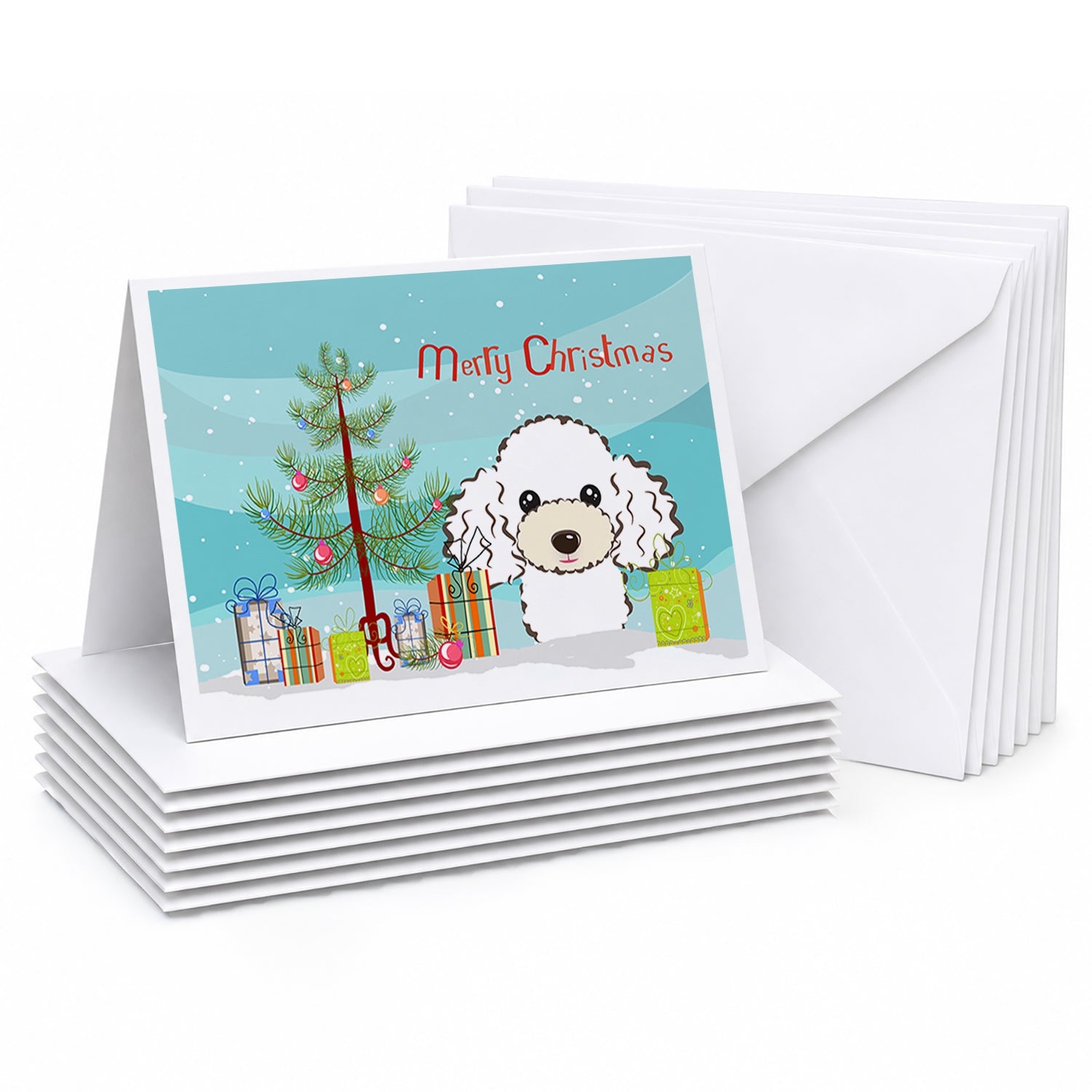 Christmas Tree and White Poodle Greeting Cards Pack of 8 Blank Cards with Envelopes Whimsical A7 Size 5x7