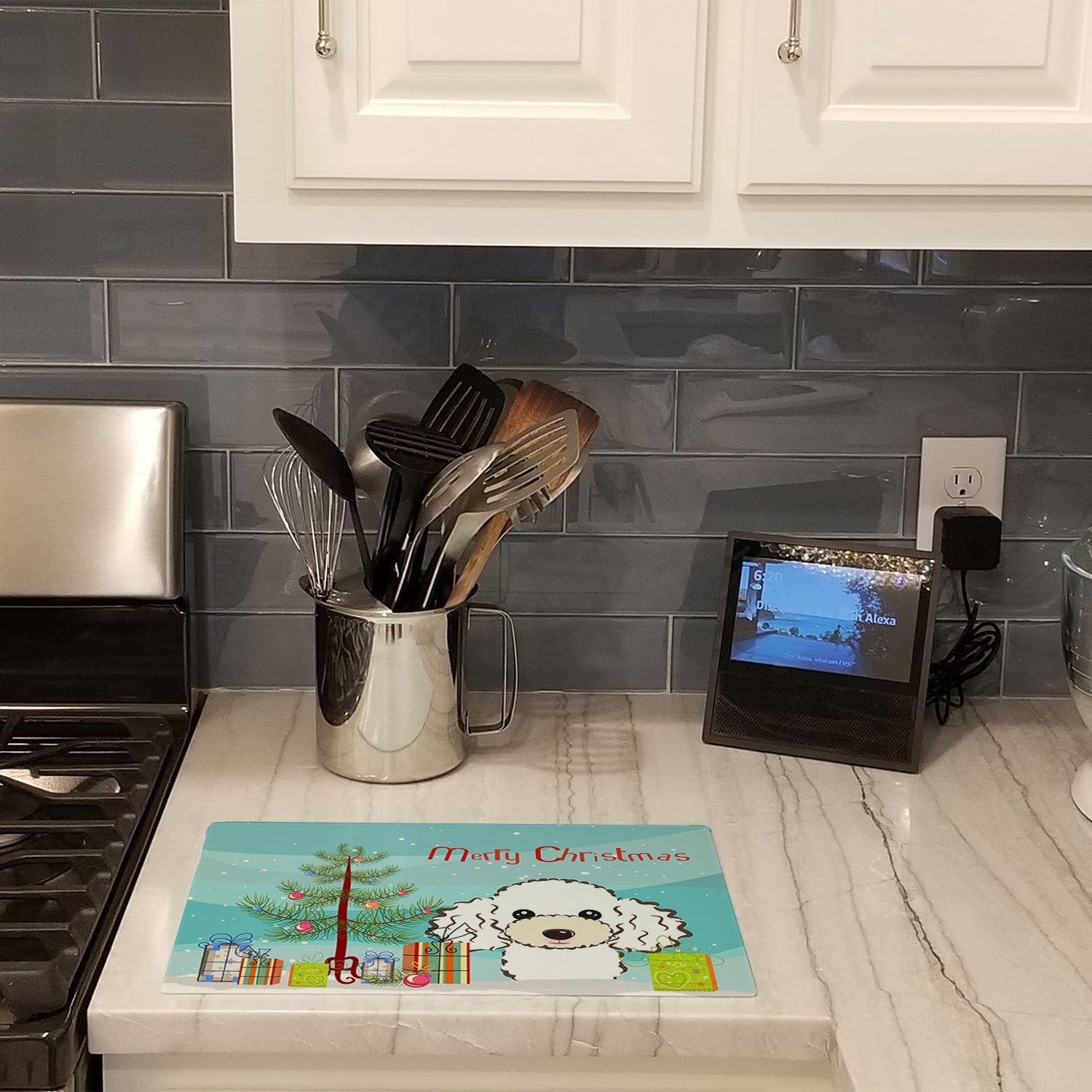 Christmas Tree and White Poodle Cutting Board Tempered Glass Kitchen Cutting Surface, Heat Resistant Chopping, Non-Slip Feet, Food Prep & Serving