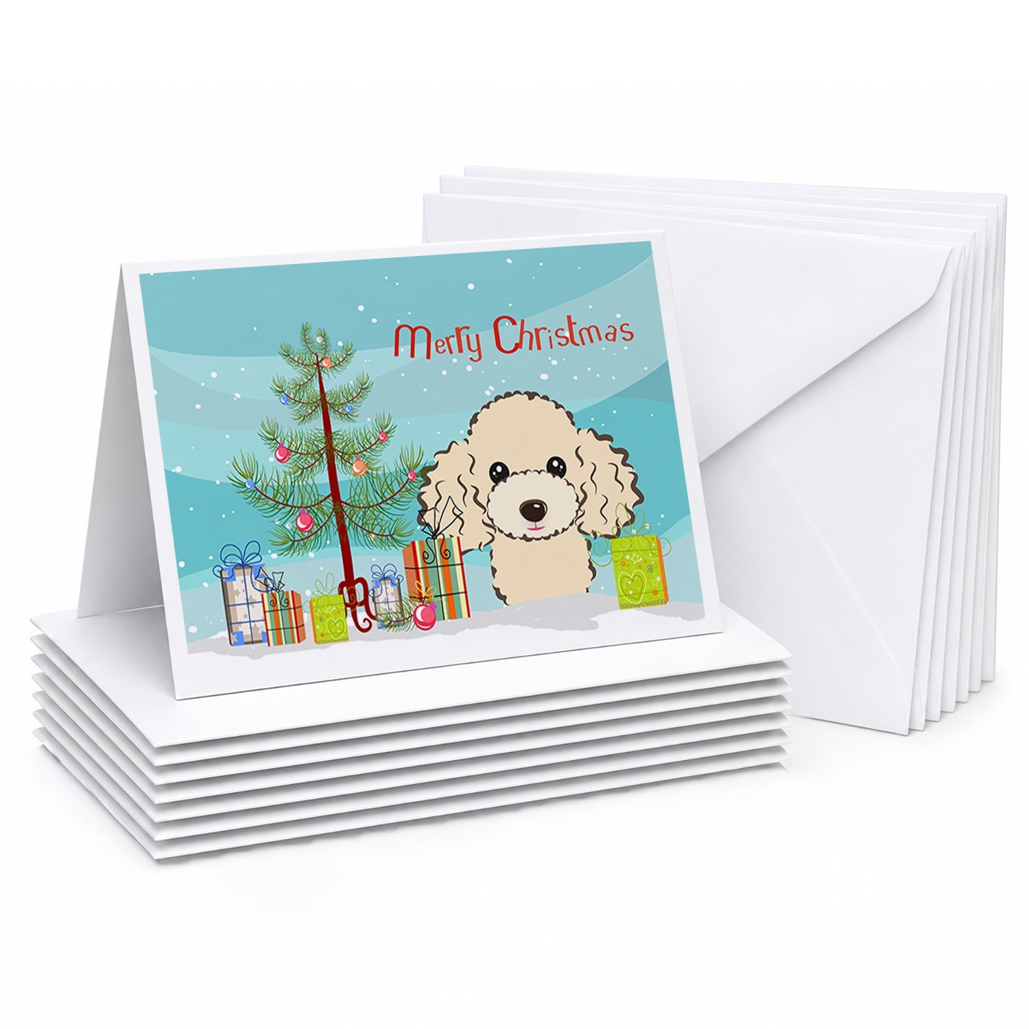 Christmas Tree and Buff Poodle Greeting Cards Pack of 8 Blank Cards with Envelopes Whimsical A7 Size 5x7