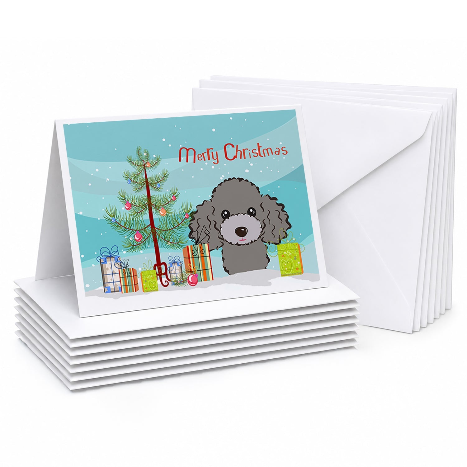 Christmas Tree and Silver Gray Poodle Greeting Cards Pack of 8 Blank Cards with Envelopes Whimsical A7 Size 5x7