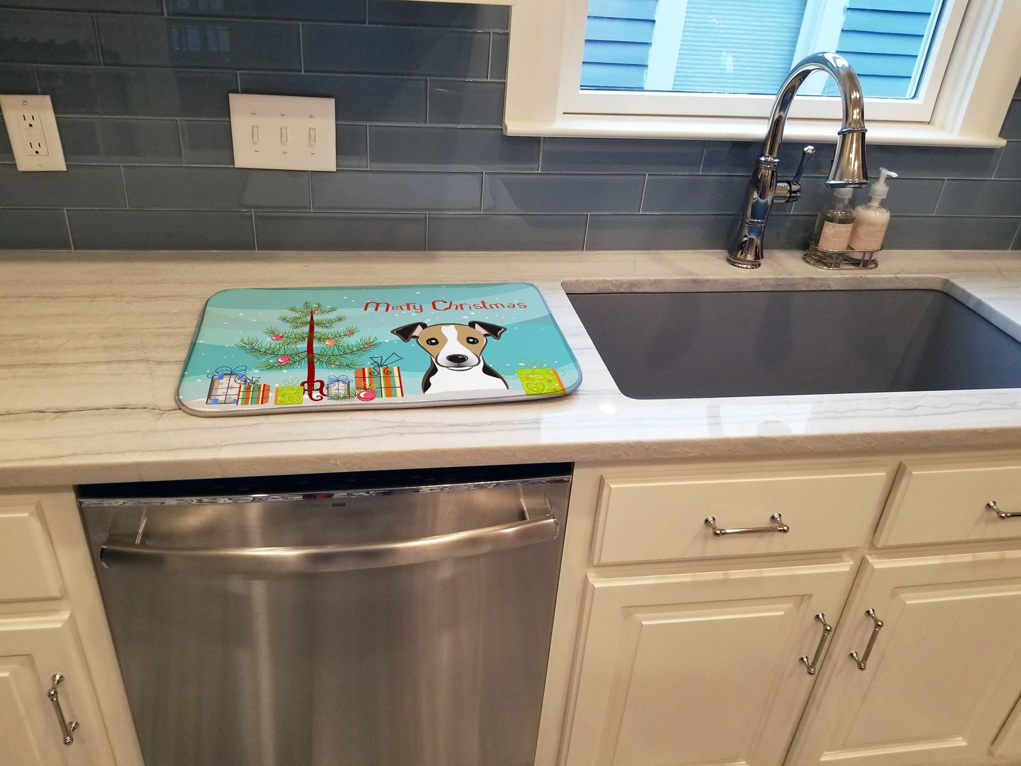 Christmas Tree and Jack Russell Terrier Dish Drying Mat Absorbent Dish Drying Mat Pad for Kitchen Counter Dish Drainer Mat for Countertop, 14 x 21", Multicolor