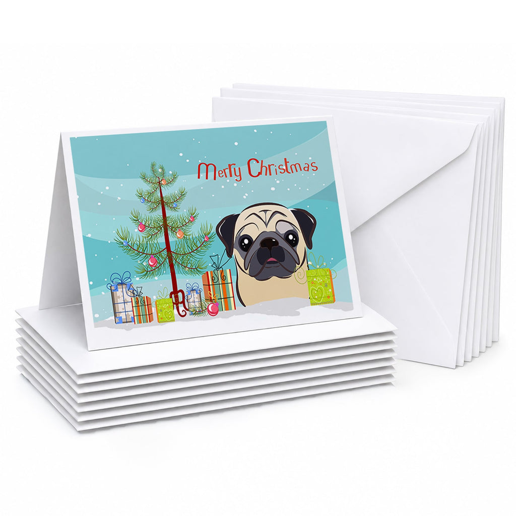 Christmas Tree and Fawn Pug Greeting Cards Pack of 8 Blank Cards with Envelopes Whimsical A7 Size 5x7