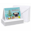 Christmas Tree and Fawn Pug Greeting Cards Pack of 8 Blank Cards with Envelopes Whimsical A7 Size 5x7