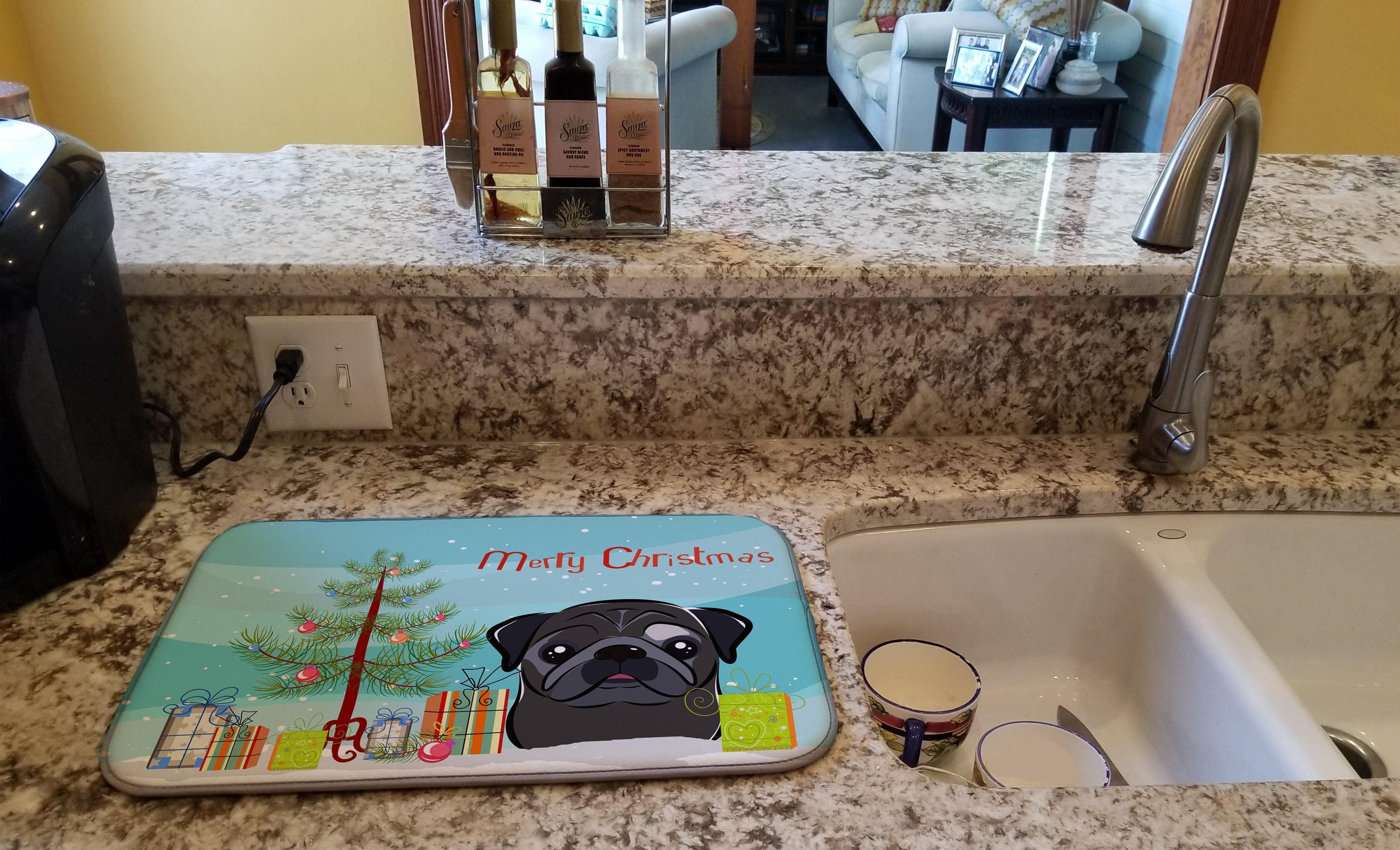 Christmas Tree and Black Pug Dish Drying Mat Absorbent Dish Drying Mat Pad for Kitchen Counter Dish Drainer Mat for Countertop, 14 x 21", Multicolor