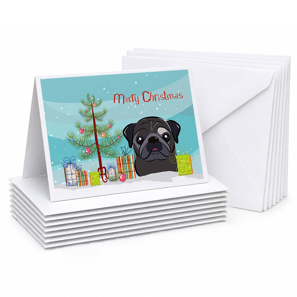 Christmas Tree and Black Pug Greeting Cards Pack of 8 Blank Cards with Envelopes Whimsical A7 Size 5x7