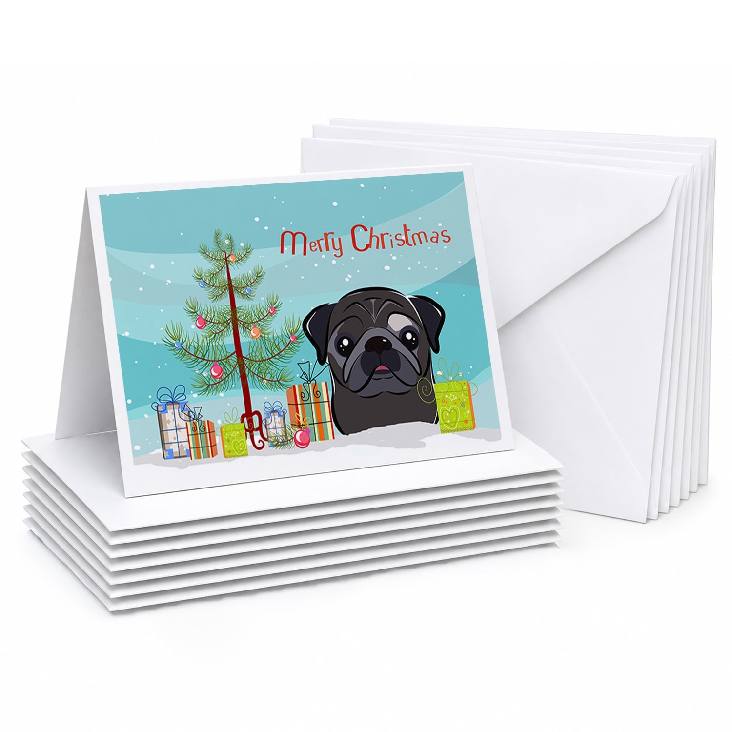 Christmas Tree and Black Pug Greeting Cards Pack of 8 Blank Cards with Envelopes Whimsical A7 Size 5x7