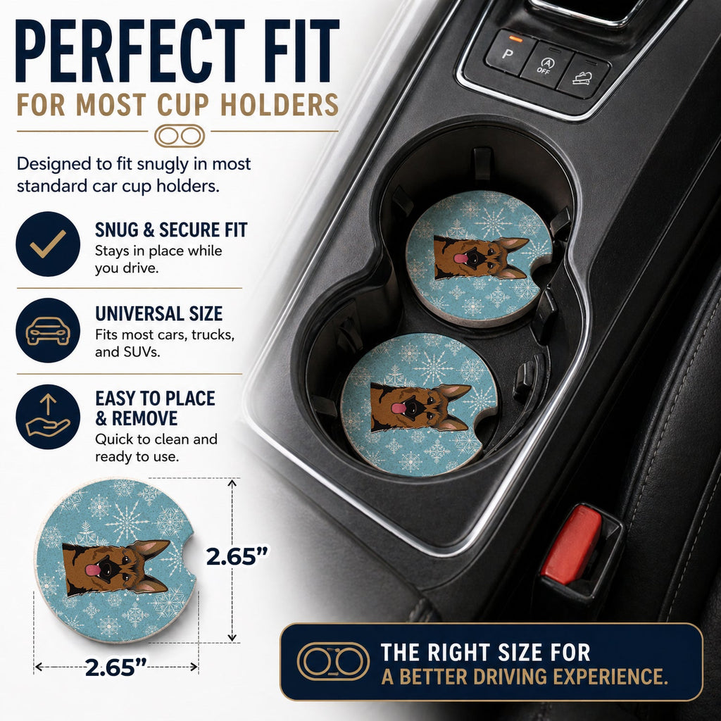 Snowflake German Shepherd Set of 2 Cup Holder Car Coasters Absorbent Round Sandstone Coasters Gifts for Men or Women, 2.5, Multicolor