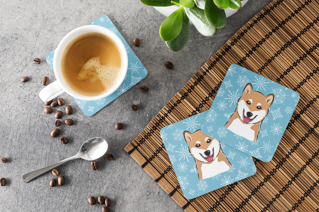 Snowflake Shiba Inu Foam Coasters Set of 4 Cup Coasters for Indoor Outdoor, Tabletop Protection, Anti Slip, Mouse pad Material