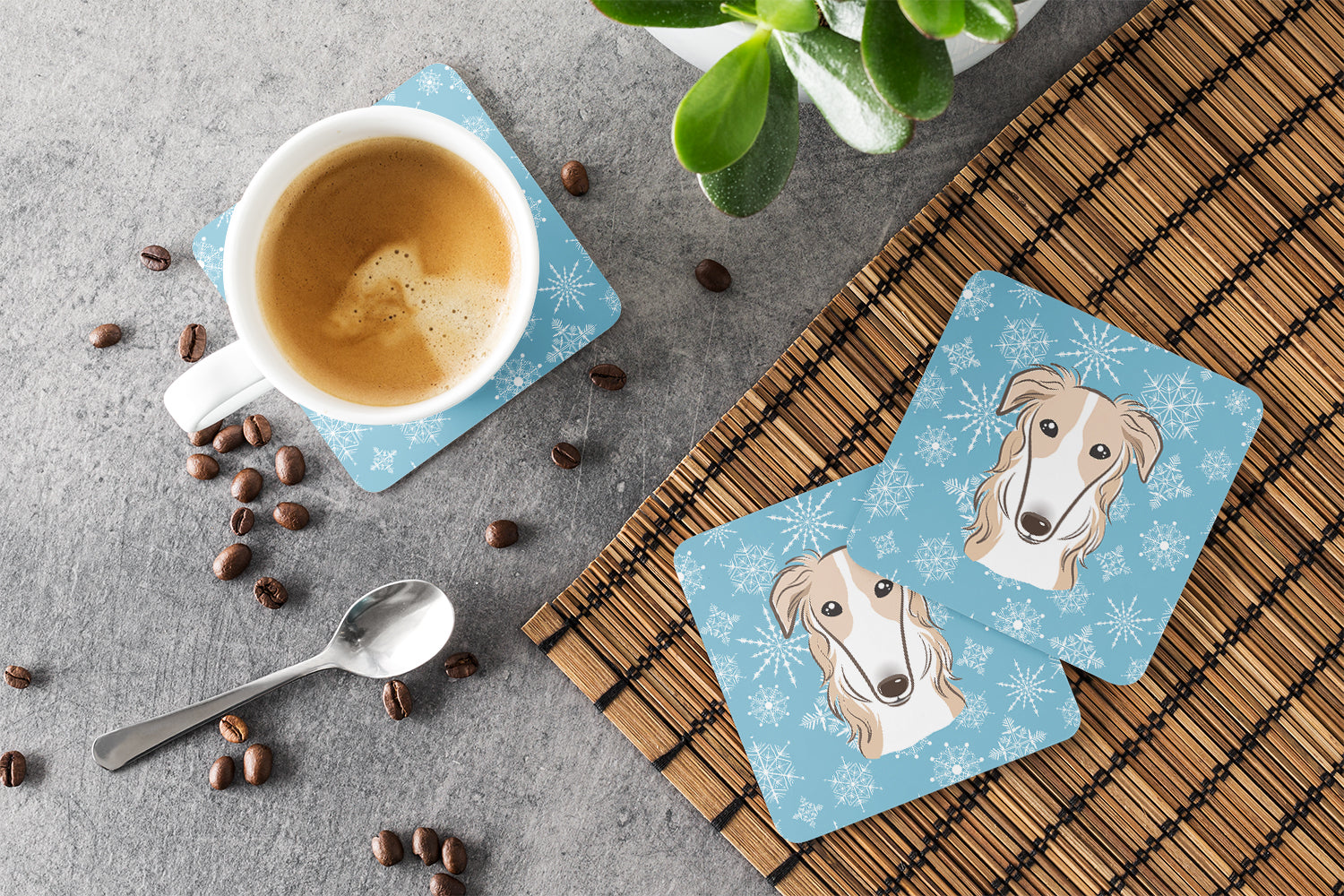 Snowflake Borzoi Foam Coasters Set of 4 Cup Coasters for Indoor Outdoor, Tabletop Protection, Anti Slip, Mouse pad Material