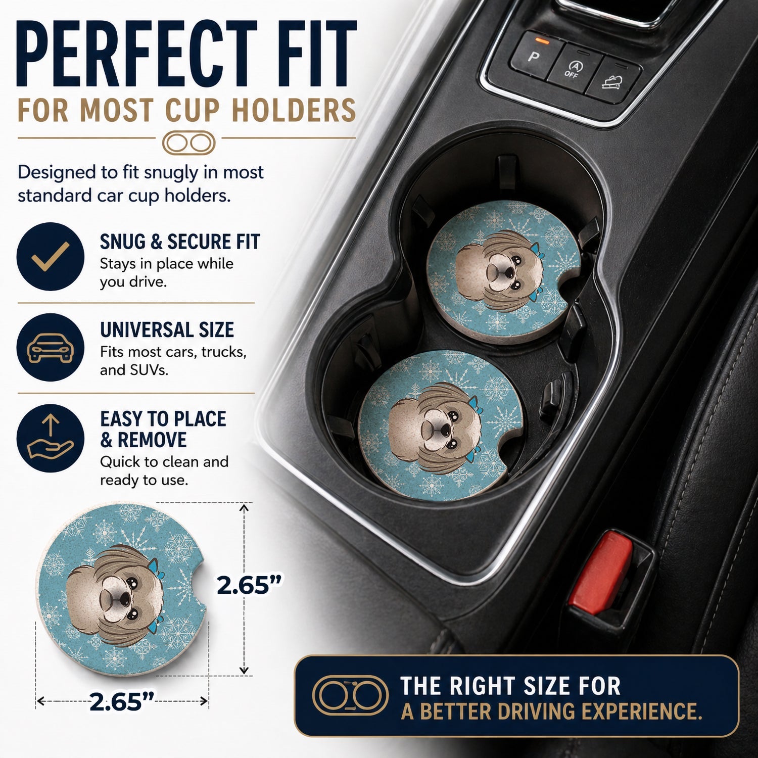 Snowflake Gray Silver Shih Tzu Set of 2 Cup Holder Car Coasters Absorbent Round Sandstone Coasters Gifts for Men or Women, 2.5, Multicolor