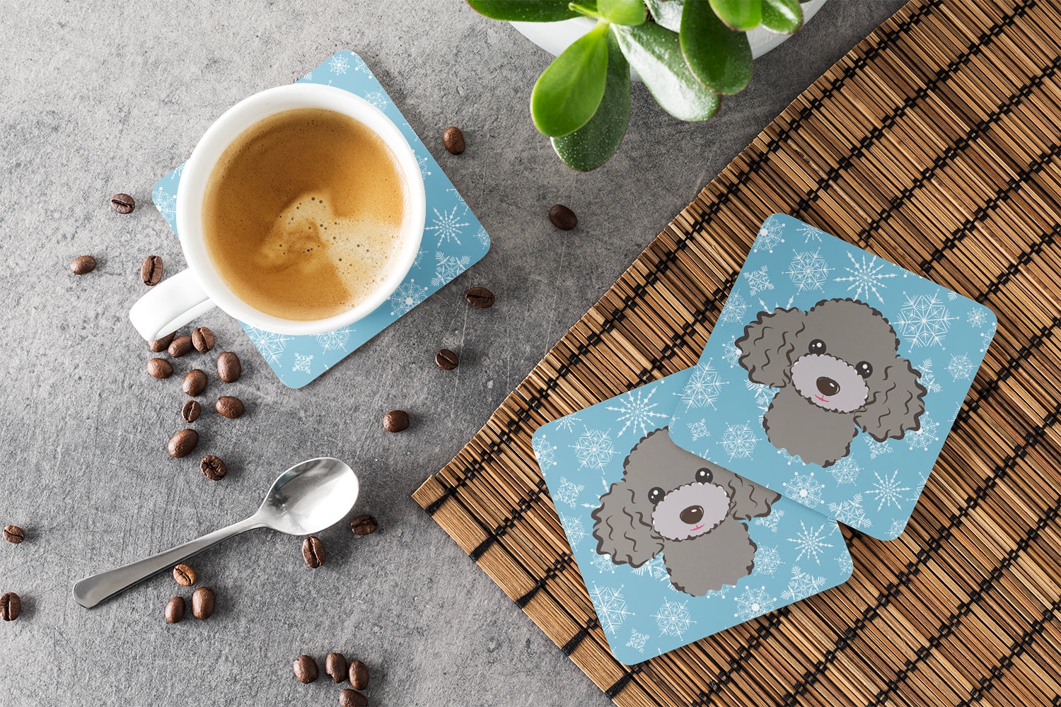 Snowflake Silver Gray Poodle Foam Coasters Set of 4 Cup Coasters for Indoor Outdoor, Tabletop Protection, Anti Slip, Mouse pad Material