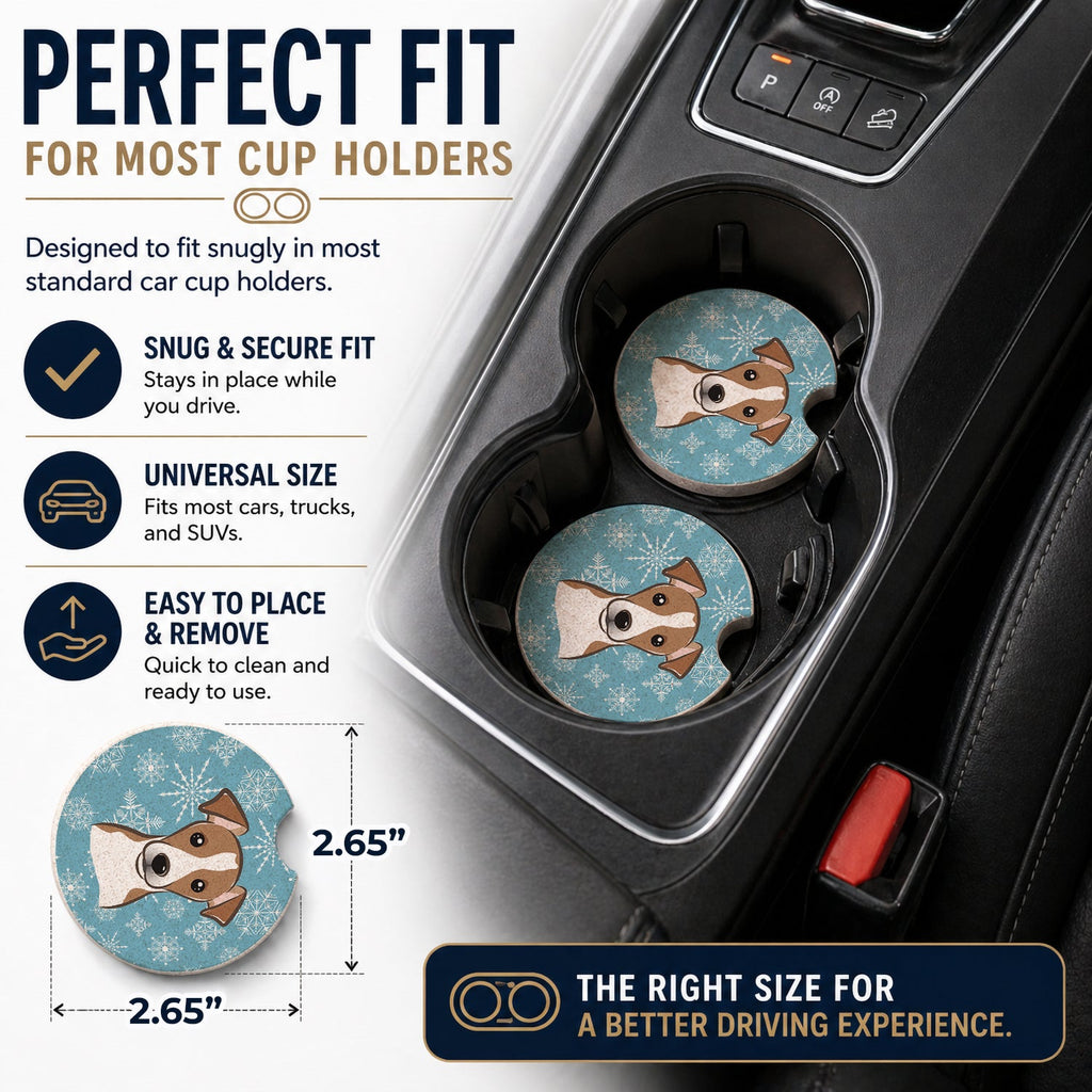 Snowflake Jack Russell Terrier Set of 2 Cup Holder Car Coasters Absorbent Round Sandstone Coasters Gifts for Men or Women, 2.5, Multicolor