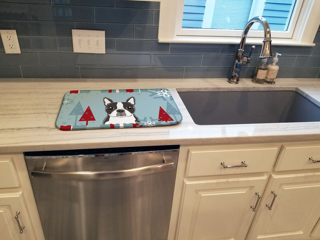 Winter Holiday Boston Terrier Dish Drying Mat Absorbent Dish Drying Mat Pad for Kitchen Counter Dish Drainer Mat for Countertop, 14 x 21", Multicolor