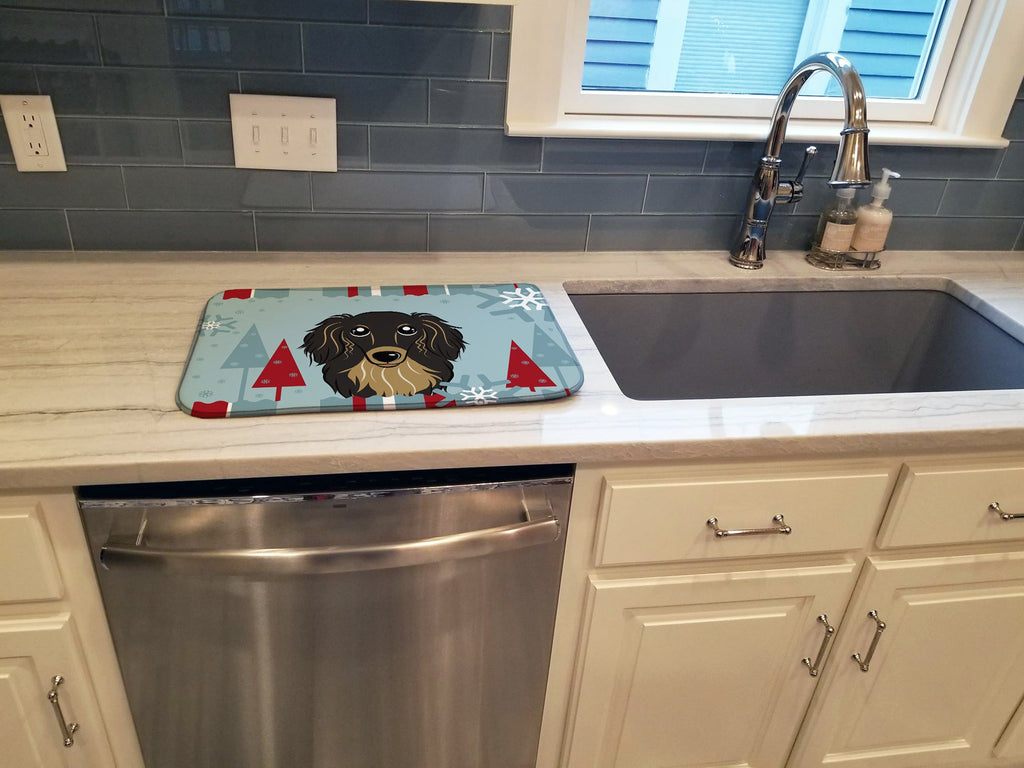 Winter Holiday Longhair Black and Tan Dachshund Dish Drying Mat Absorbent Dish Drying Mat Pad for Kitchen Counter Dish Drainer Mat for Countertop, 14 x 21", Multicolor