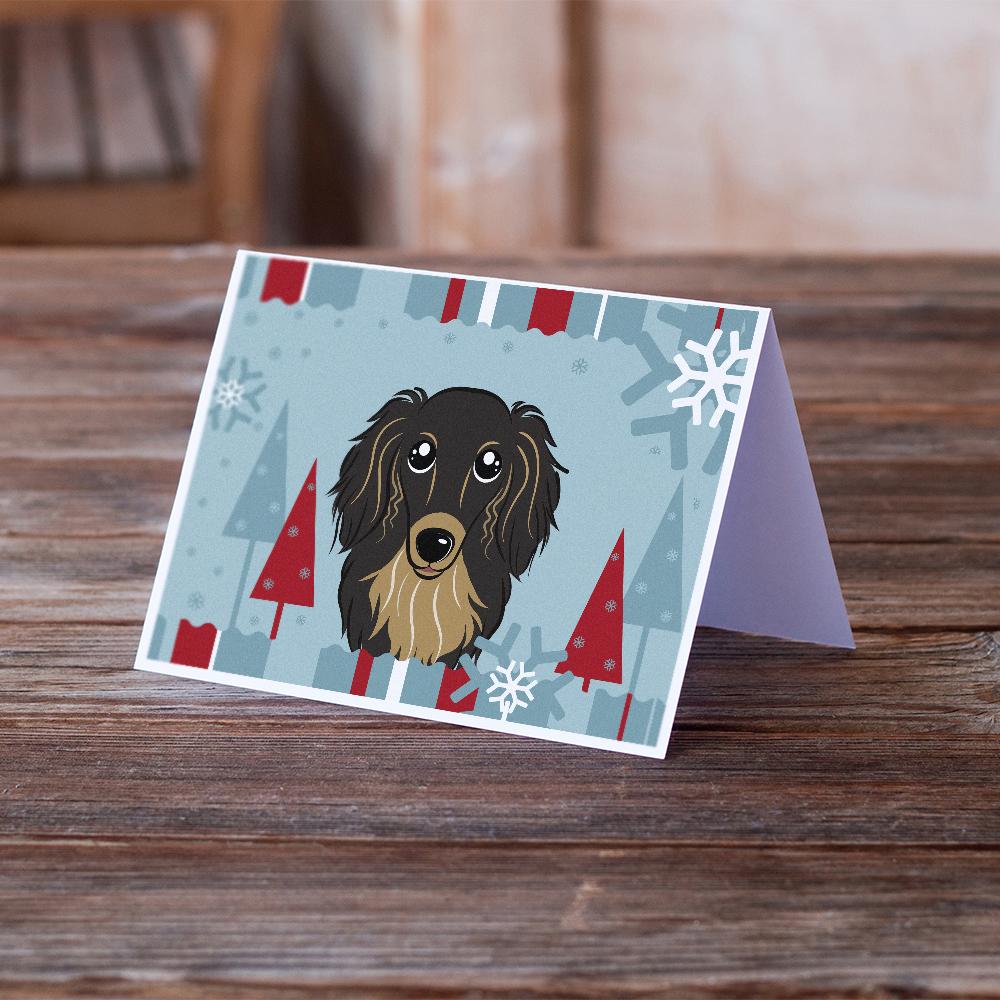 Winter Holiday Longhair Black and Tan Dachshund Greeting Cards Pack of 8 Blank Cards with Envelopes Whimsical A7 Size 5x7