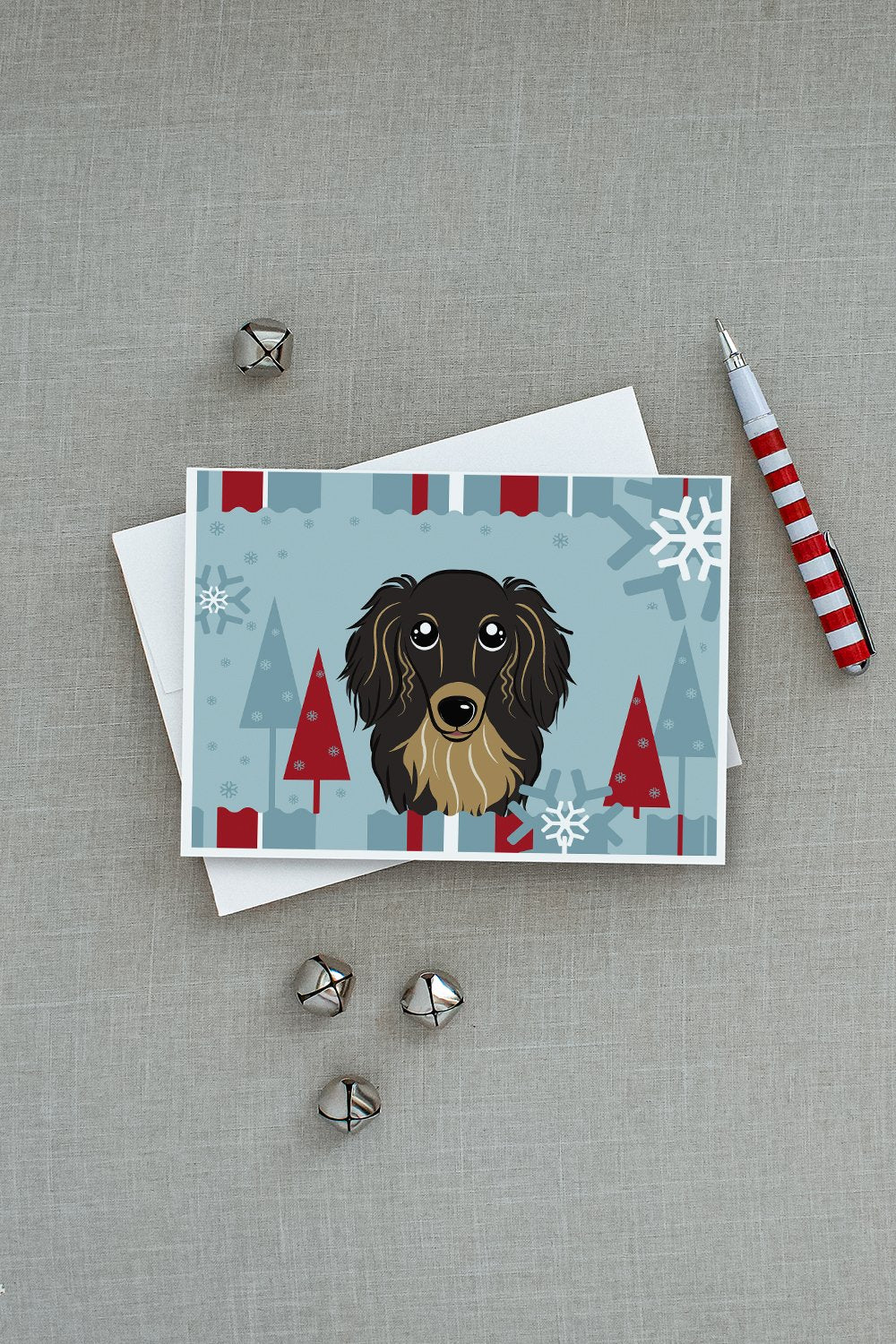 Winter Holiday Longhair Black and Tan Dachshund Greeting Cards Pack of 8 Blank Cards with Envelopes Whimsical A7 Size 5x7